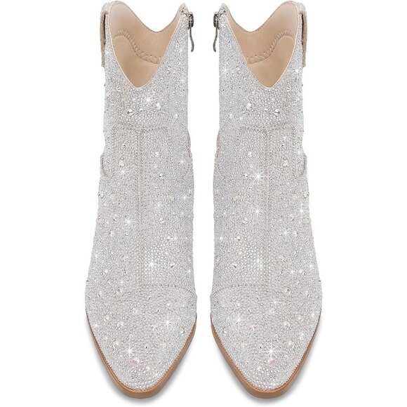 Women's Silver Comfortable Rhinestone Chunky Heel Side Zipper Boots - Picture 4 of 9